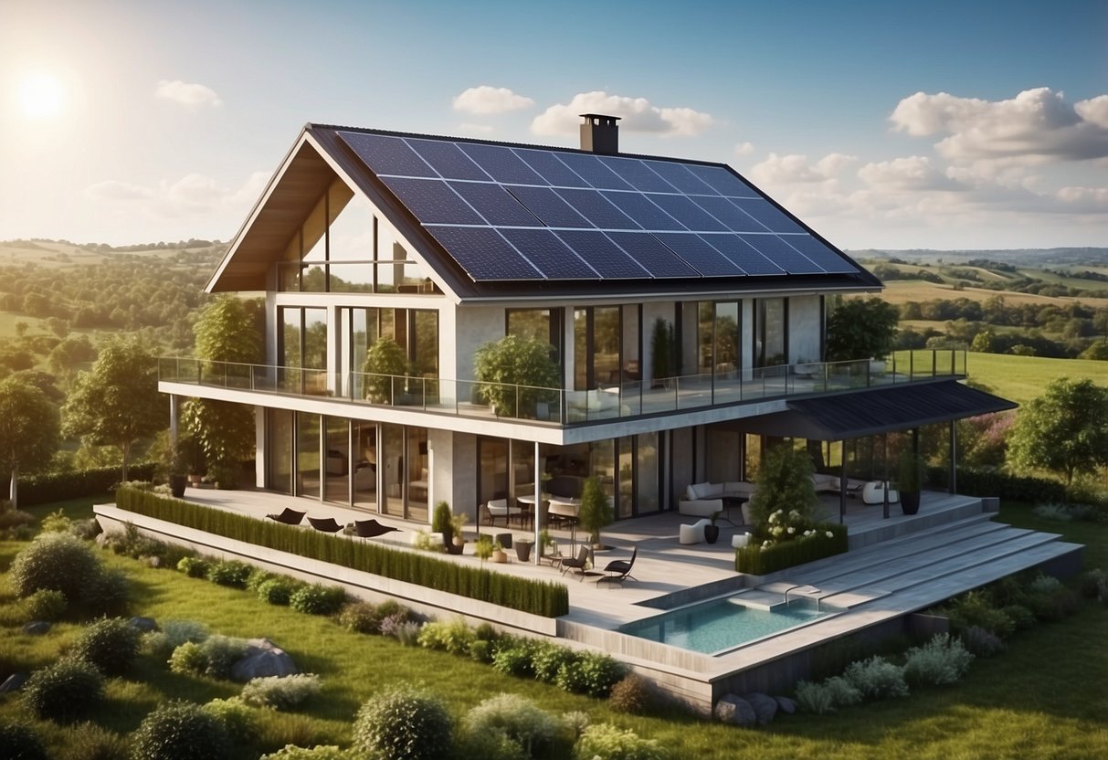 A modern house with solar panels and wind turbines, surrounded by lush greenery, with a noticeable decrease in the energy meter
