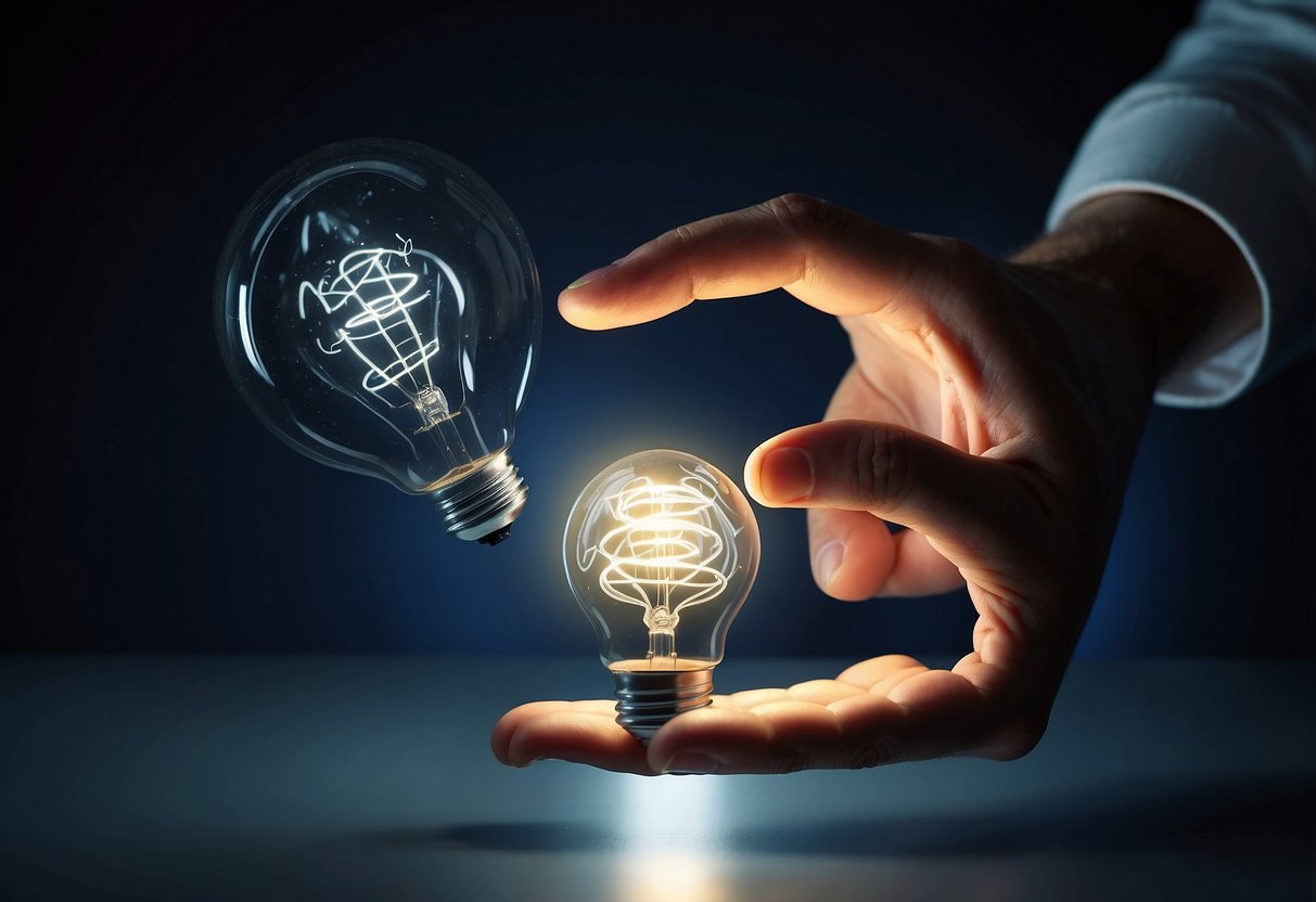 A hand reaching out to switch energy providers, with a lightbulb symbolizing savings on the energy bill