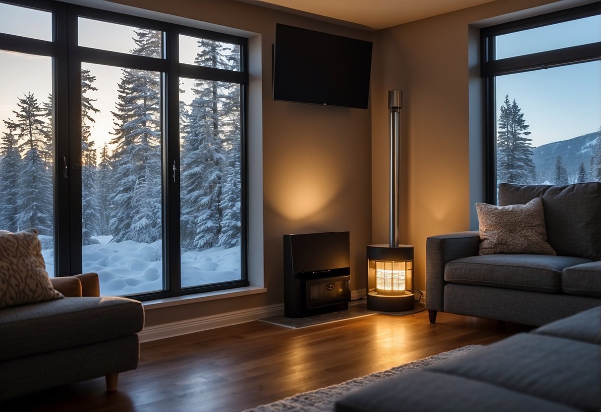 A cozy living room with energy-efficient LED lighting, insulated windows, and a smart thermostat to save on energy costs