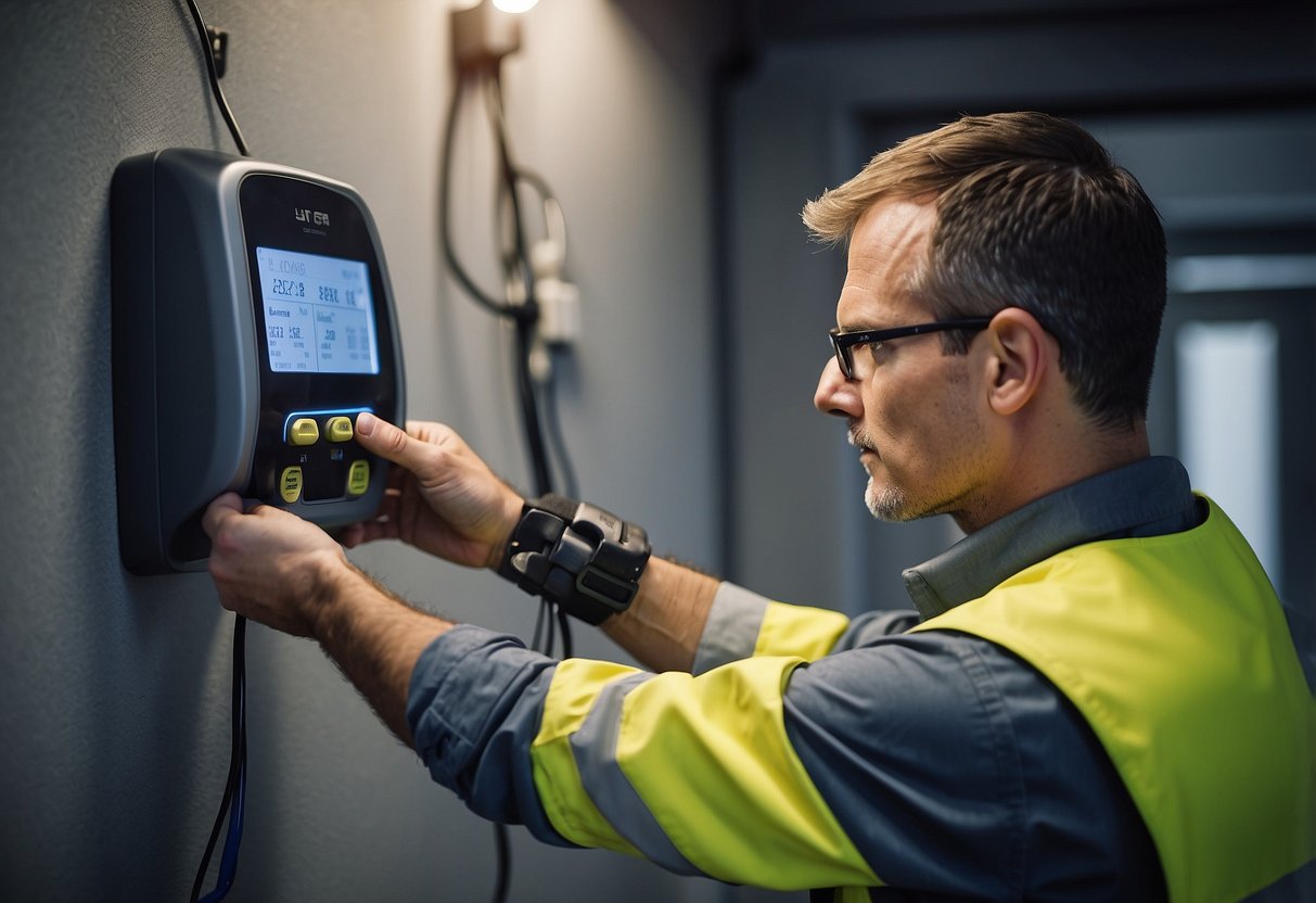 A technician installs a smart meter on a wall with tools and wires