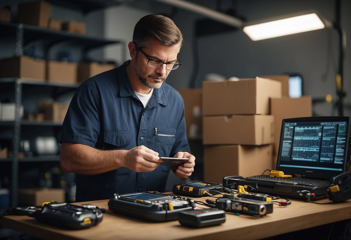 A technician unpacks tools and equipment, reads installation instructions, and prepares the workspace for installing a smart meter
