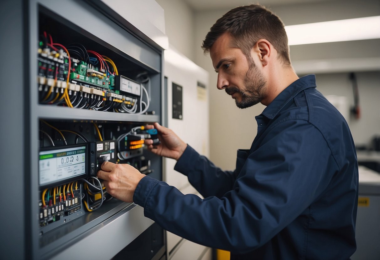 A technician installs a smart meter with tools and equipment in a utility room