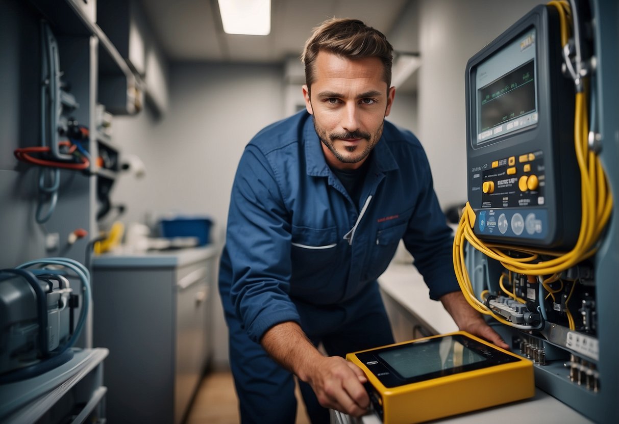 A technician installs a smart meter with tools and equipment in a tidy utility room