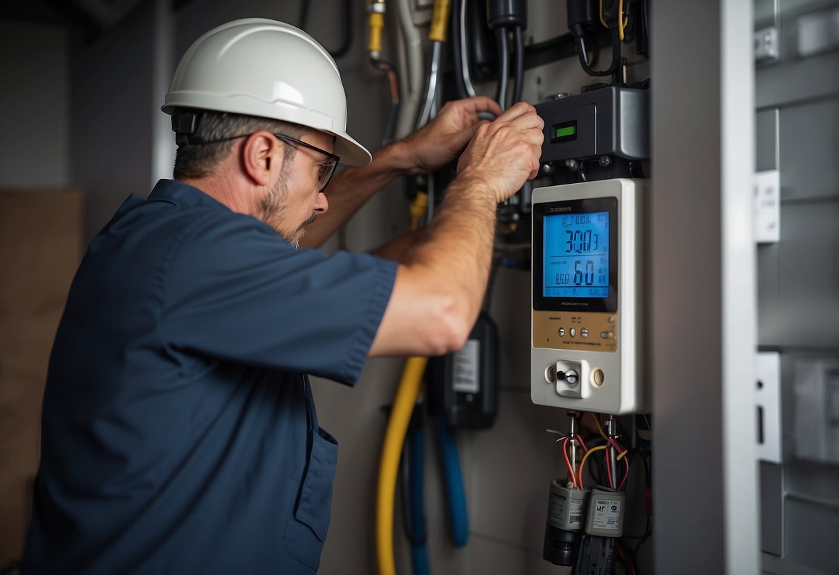 A technician installs a smart meter on a wall, surrounded by tools and equipment. Instructions and tips are displayed nearby