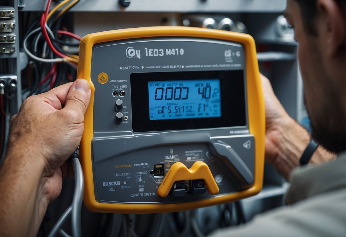 A technician installs a smart meter, surrounded by tools and equipment