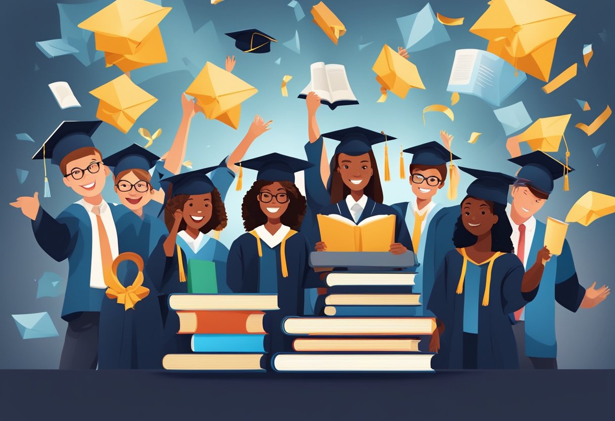 A group of diverse students celebrate under a spotlight with books and graduation caps, surrounded by symbols of education and achievement