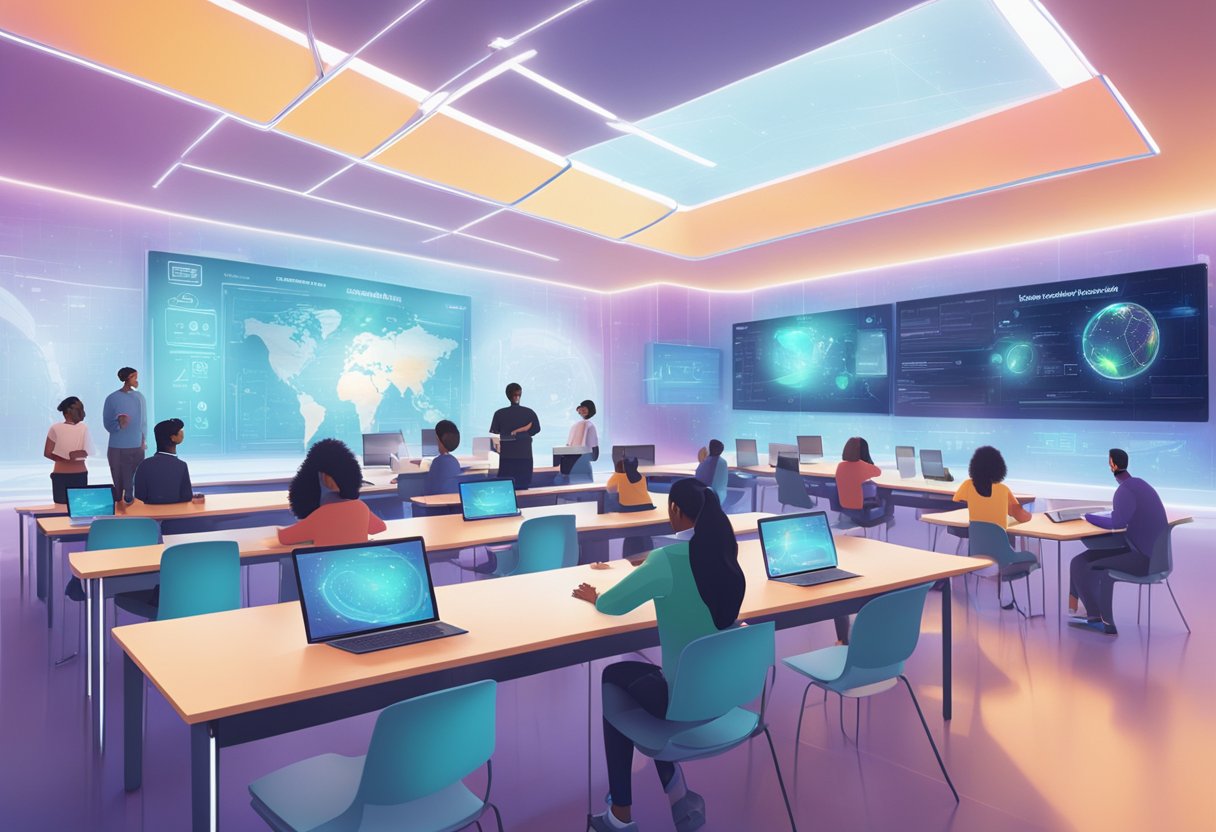 A futuristic classroom with holographic screens displaying global scholarship trends in 2024. Students are engaged in interactive discussions on the top trending scholarships