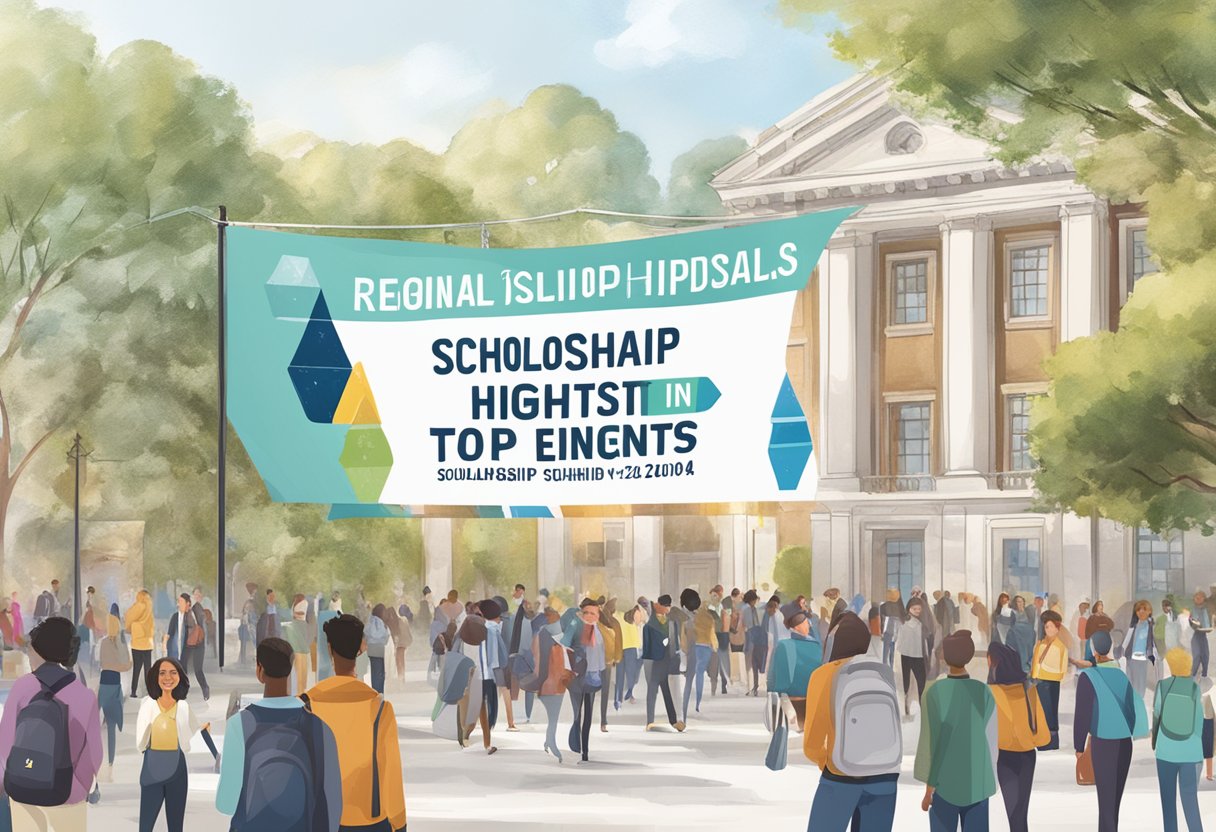 A large banner reading "Regional Scholarship Highlights Top Trending Scholarship in 2024" displayed prominently at a bustling academic event