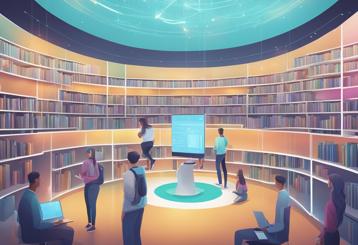 A futuristic library with holographic scholarship displays and students interacting with virtual tutors