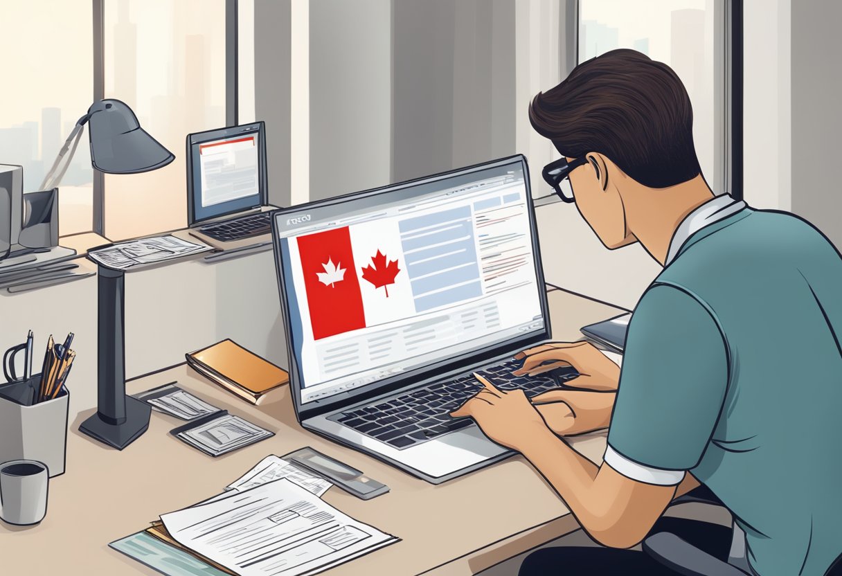 A person fills out a Canada work visa application form at a desk with a computer and relevant documents. A Canadian flag is visible in the background