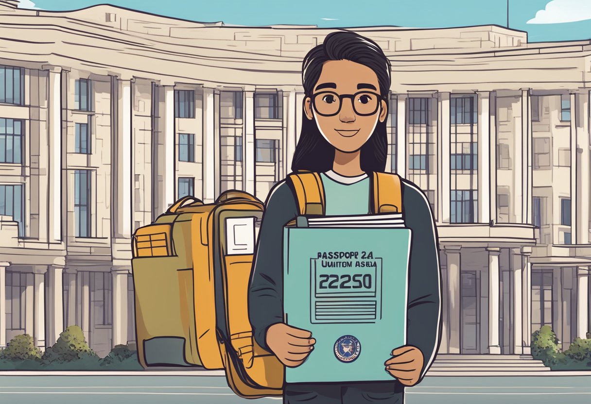 A student holding a passport and a visa application form, standing in front of the United States embassy, with a sign that reads "Student Visa Guide 2024."