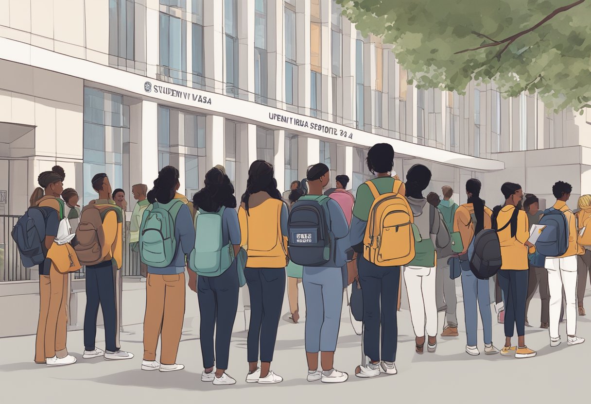 A line of diverse students waits outside a U.S. embassy, clutching passports and paperwork. A sign reads "Student Visa Guide 2024."