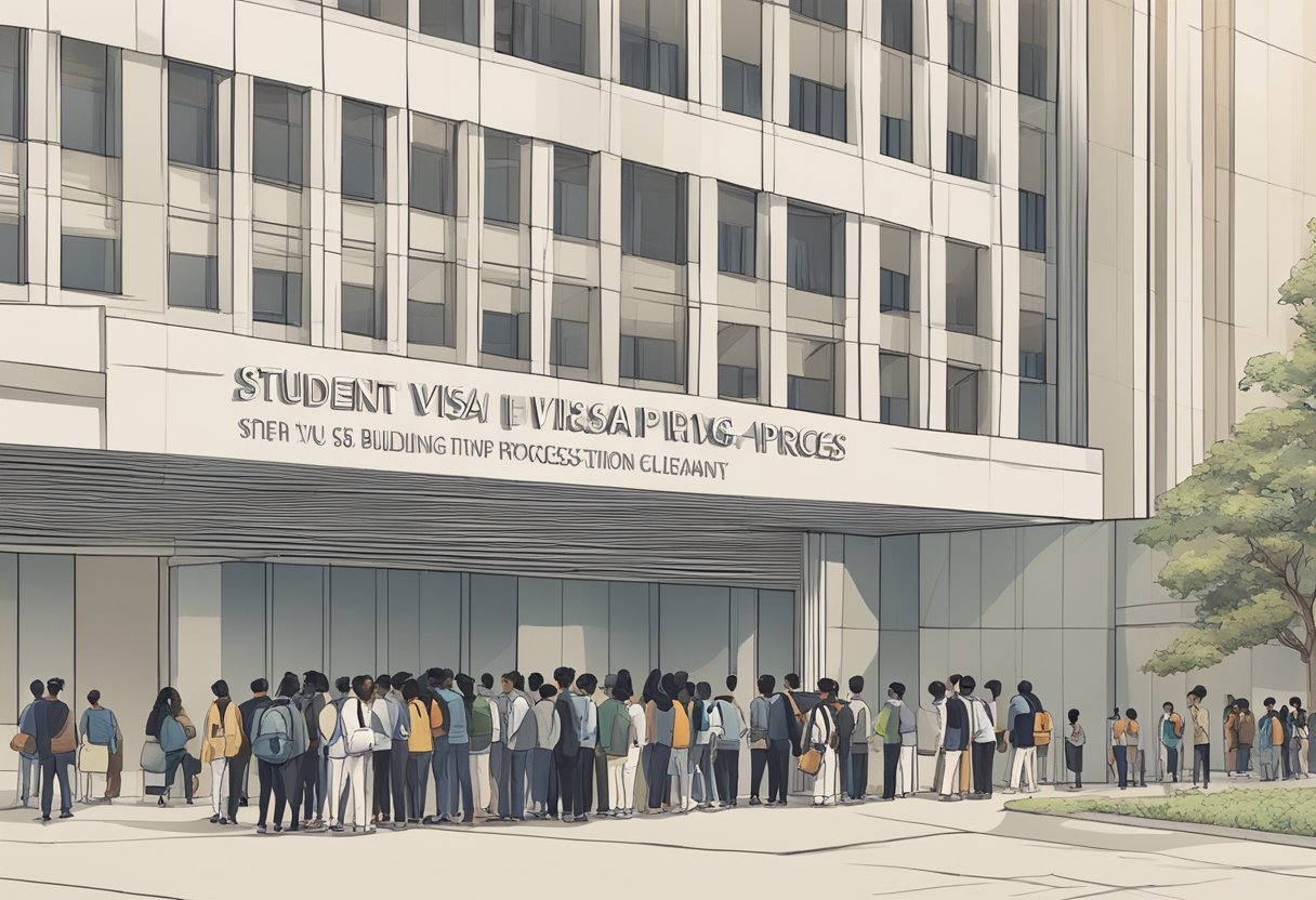 A line of hopeful students waits outside the US embassy. A sign reads "Student Visa Application Process." The building's imposing facade looms in the background