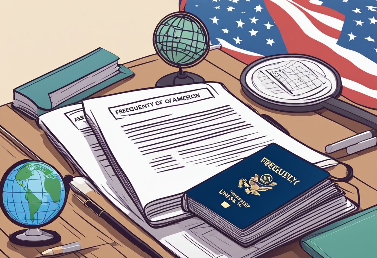 A stack of visa application forms, a U.S. flag, and a globe on a desk with a "Frequently Asked Questions United State of America Student Visa Guide 2024" booklet open