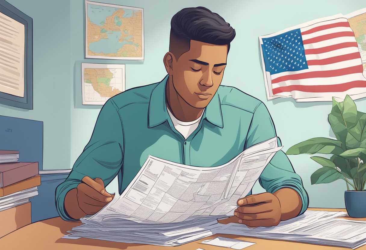 A new immigrant reads through various insurance policy documents, surrounded by a map of the USA and a stack of paperwork