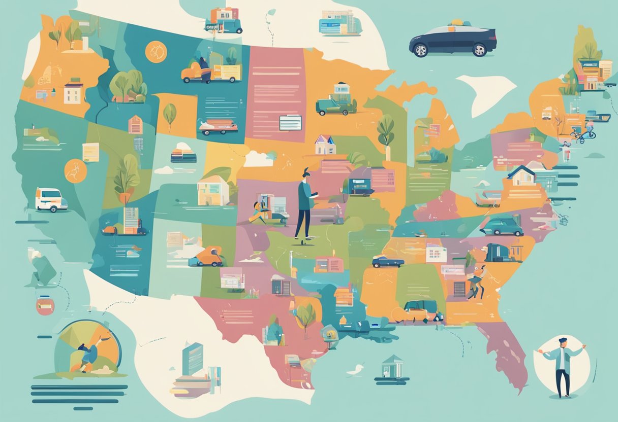 A new immigrant holds a map of the USA, surrounded by various insurance options like health, auto, and renters, while reading a list of frequently asked questions about insurance