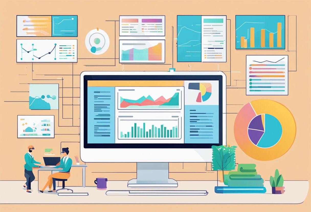 An AI algorithm analyzing data to optimize job ads. Graphs and charts displayed on a computer screen