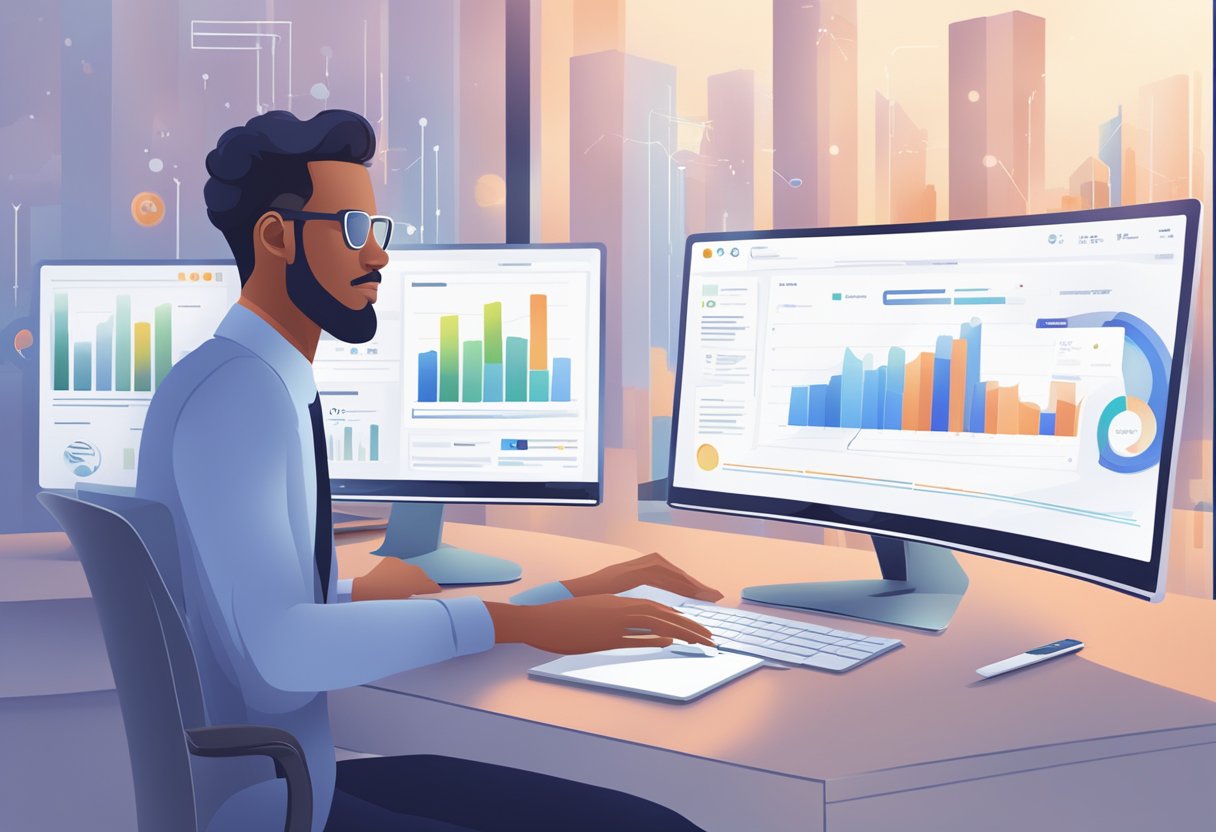 A computer screen displaying AI algorithms optimizing job ad campaigns with graphs and data visualization