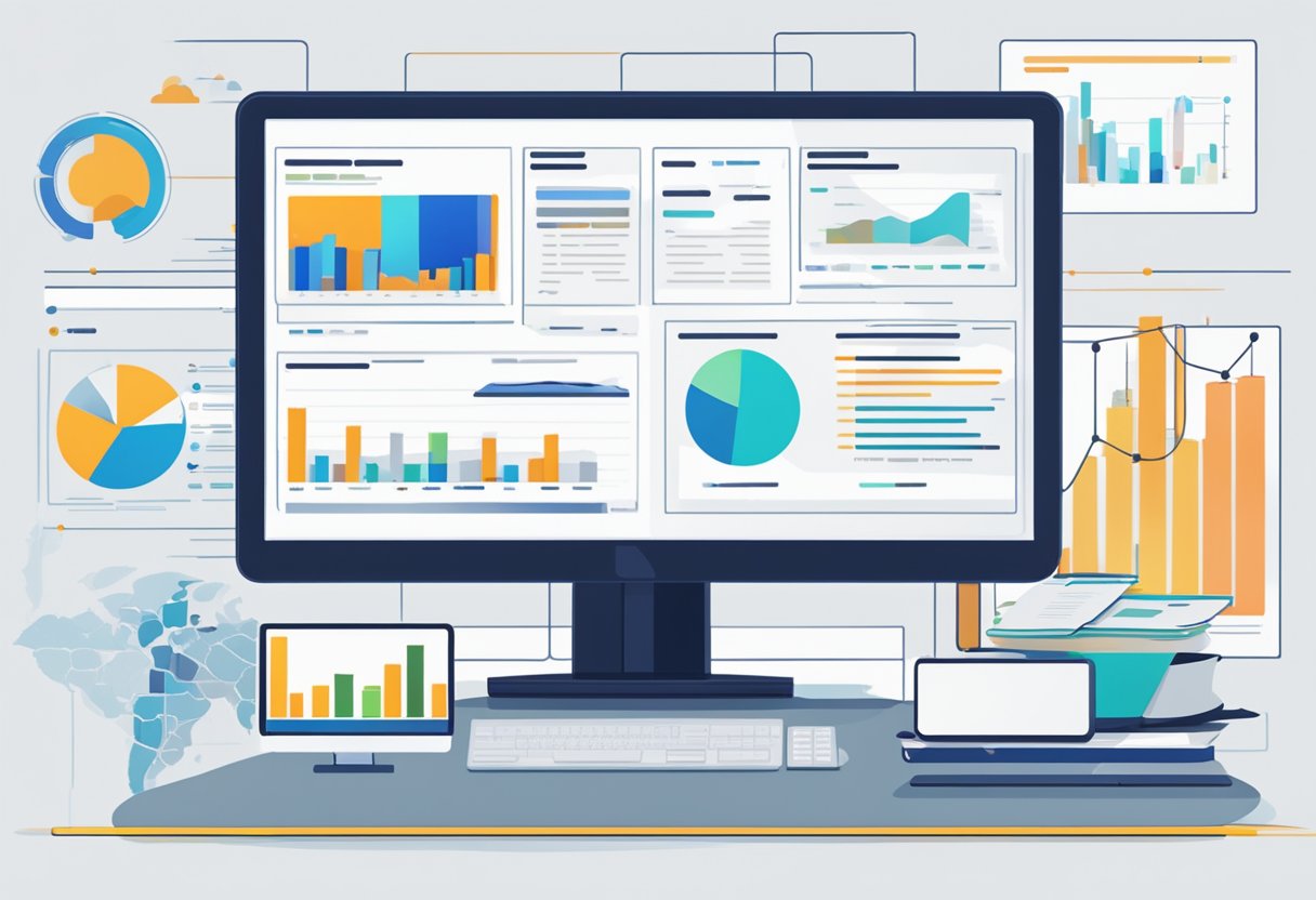 A computer screen displays AI-optimized job ads, with data analytics charts in the background