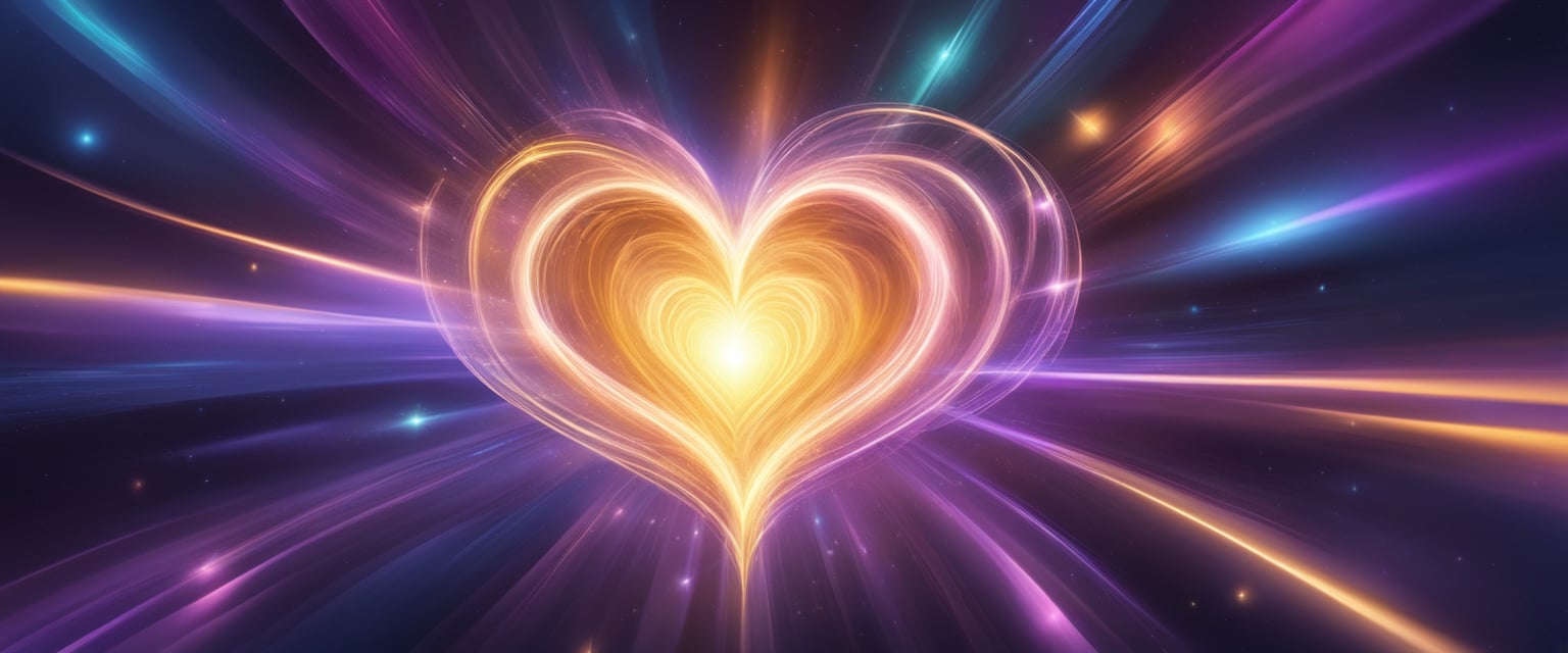 A glowing heart surrounded by swirling energy, drawing in beams of light and love from the universe