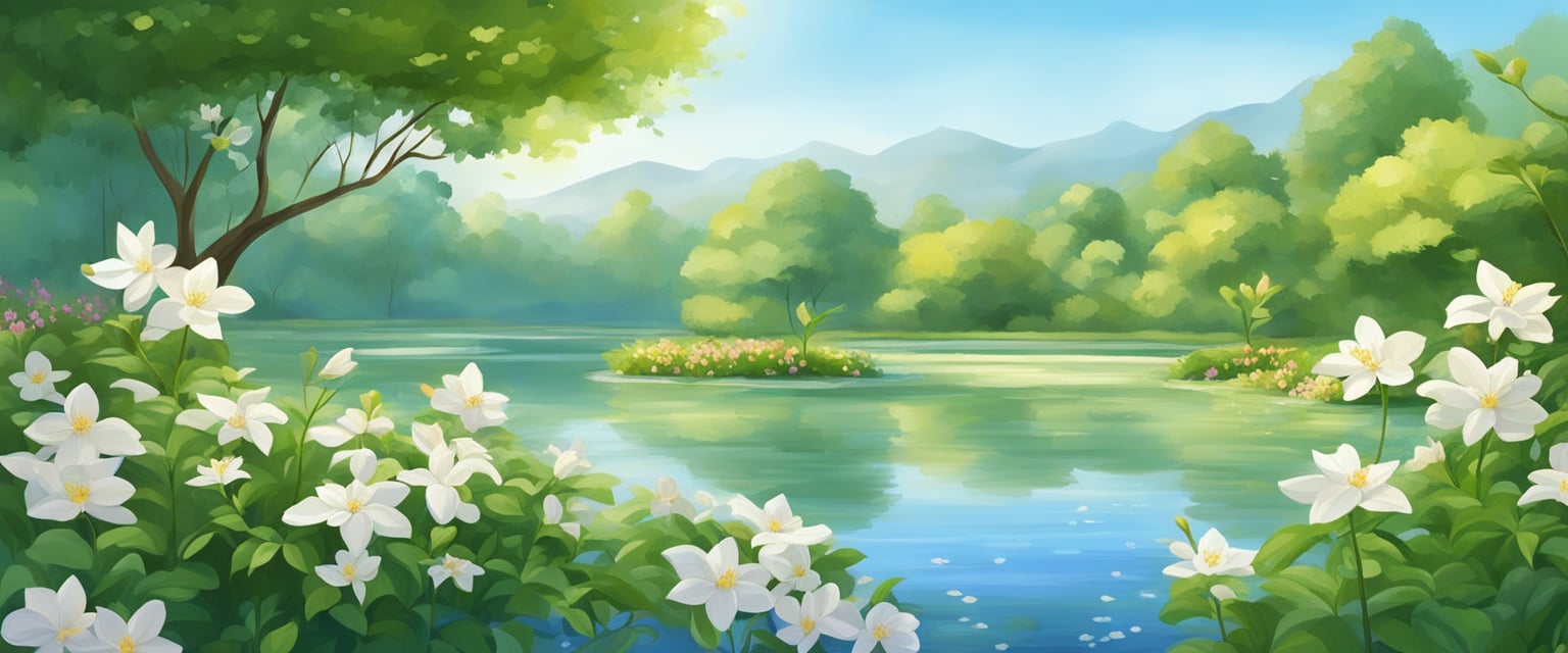 A serene garden with blooming flowers, a peaceful pond, and a clear sky. A gentle breeze carries the scent of jasmine, creating an atmosphere of love and positivity