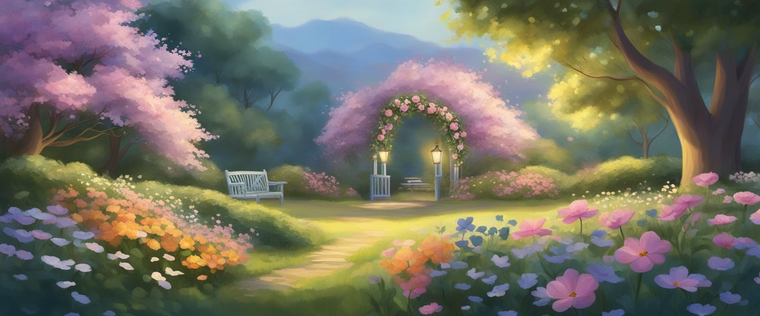 A serene garden with blooming flowers, a gentle breeze, and a warm, inviting atmosphere. A heart-shaped symbol of love radiates a soft, glowing light at the center of the scene