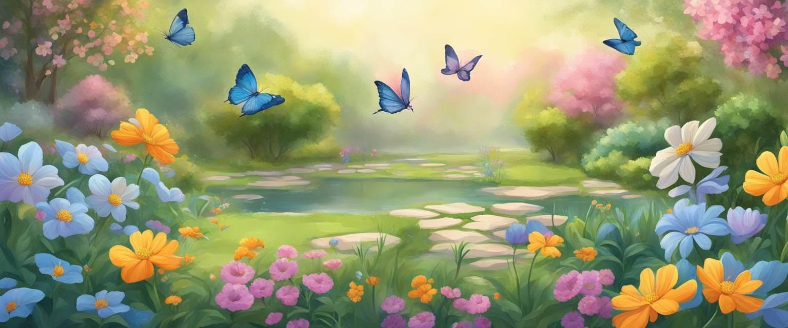 A serene garden with blooming flowers, butterflies, and birds chirping, surrounded by a calming aura of positive energy