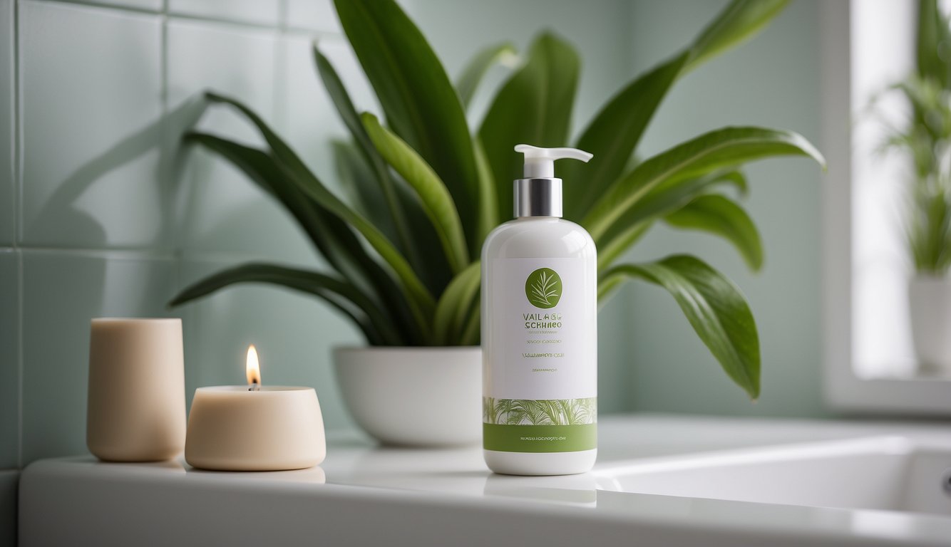 A bottle of "Valg av Riktig Schampo" shampoo for oily hair on a clean, white bathroom shelf with a green leafy plant in the background