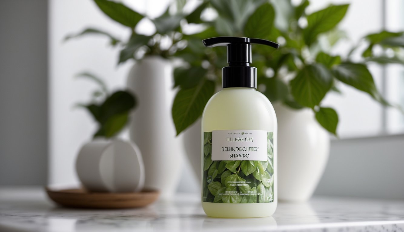 A bottle of "Tilleggsprodukter og Behandlinger shampoo for fett hår" on a clean, white bathroom shelf with a backdrop of fresh, green foliage