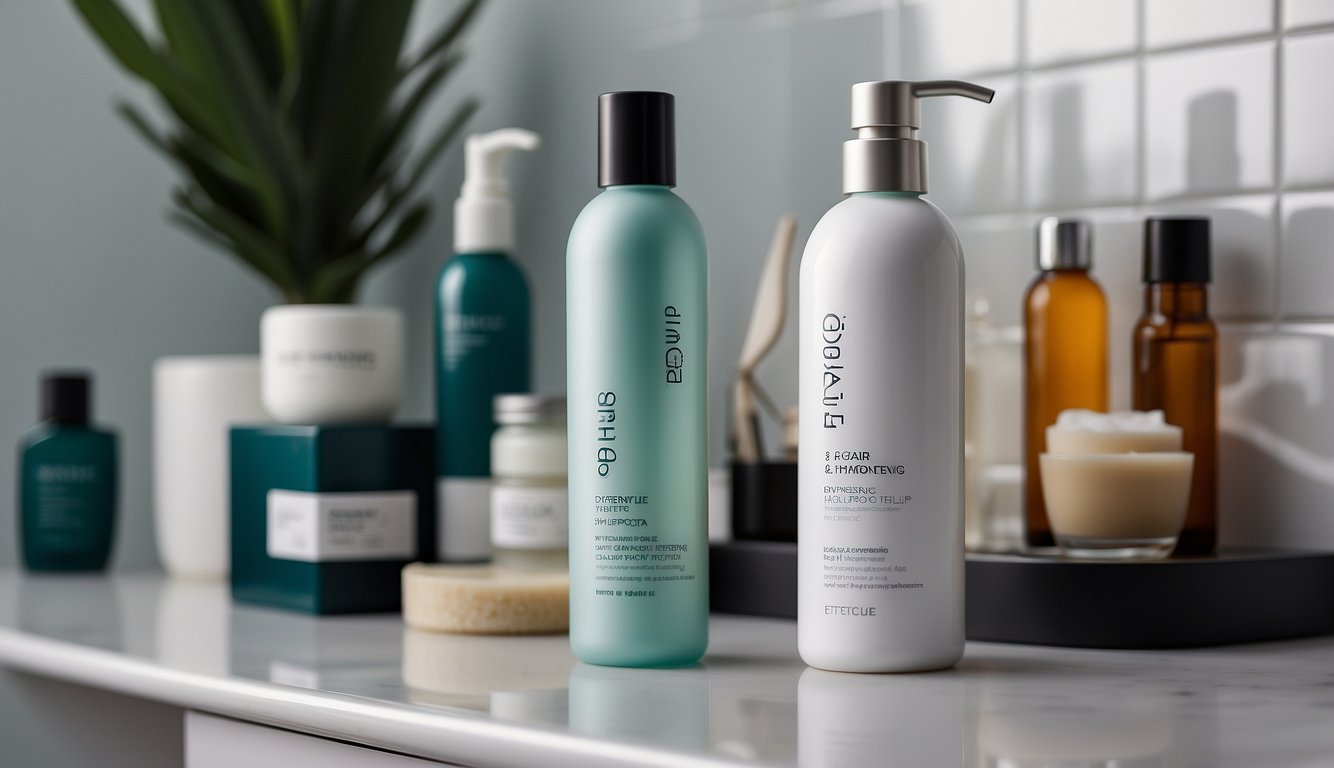 A bottle of "Dyprensing og Hårpleie shampoo for fett hår" on a clean, white bathroom shelf, surrounded by other hair care products