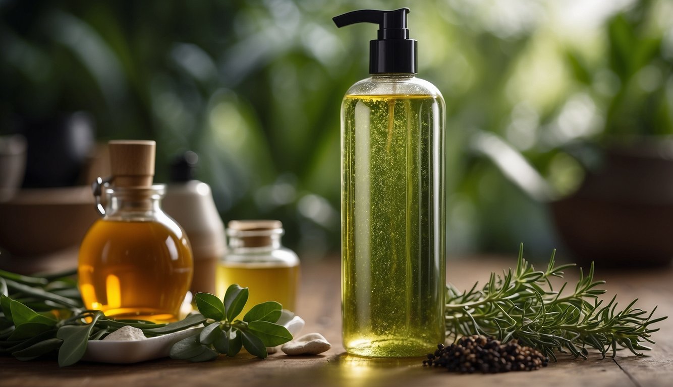 A clear bottle of organic shampoo for oily hair, surrounded by fresh herbs and ingredients like aloe vera and tea tree oil