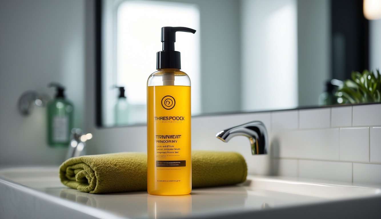 A bottle of "Treatment for Specific Problems" shampoo for oily hair, with a clear label and a pump dispenser, sitting on a clean, white bathroom counter