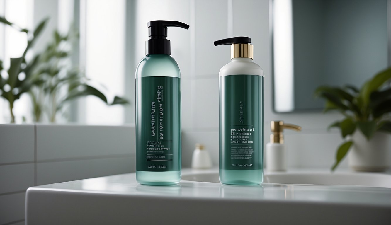 A clear bottle of "Styling and Maintenance shampoo for oily hair" on a sleek, modern bathroom shelf