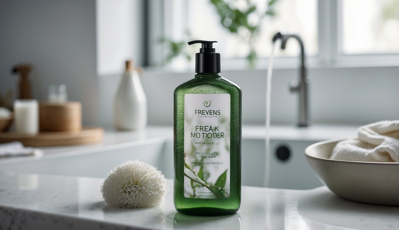 A bottle of "Frekvens og Metoder for Hårvask shampoo for fett hår" sits on a clean, white bathroom counter, surrounded by droplets of water and a fluffy towel