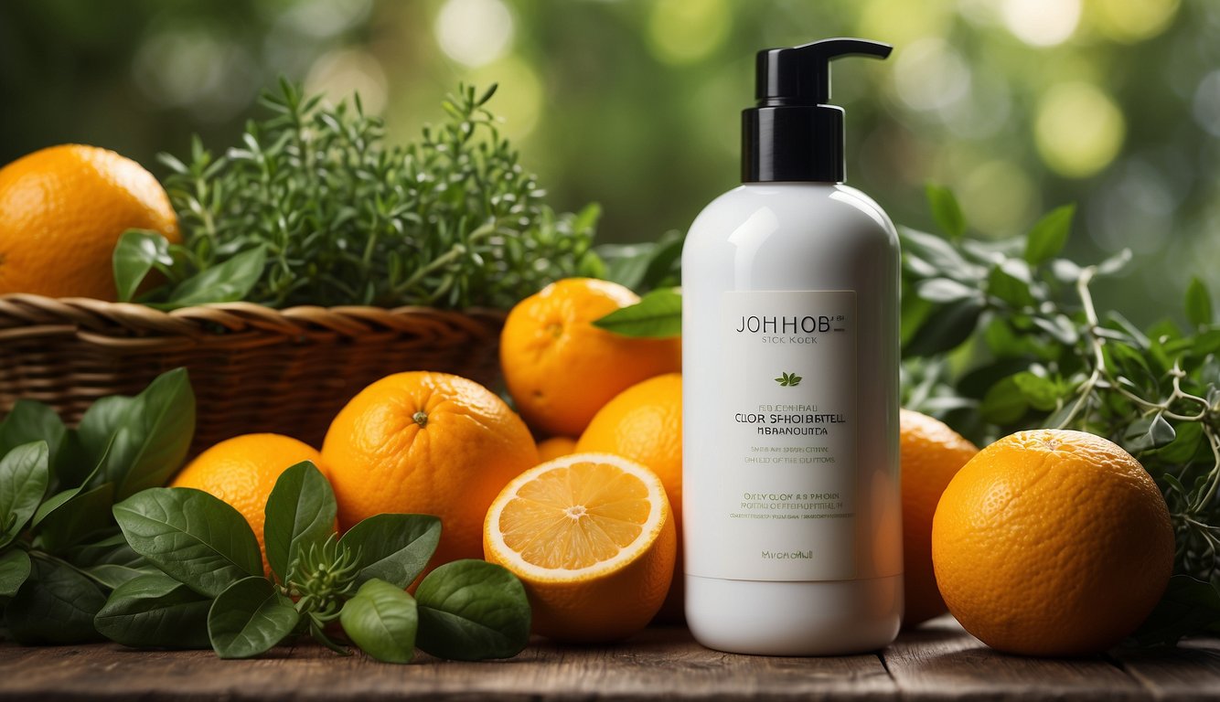 A bottle of "Color-Treated Hair Shampoo for Oily Hair" surrounded by vibrant, fresh herbs and citrus fruits, evoking a sense of natural freshness and cleanliness