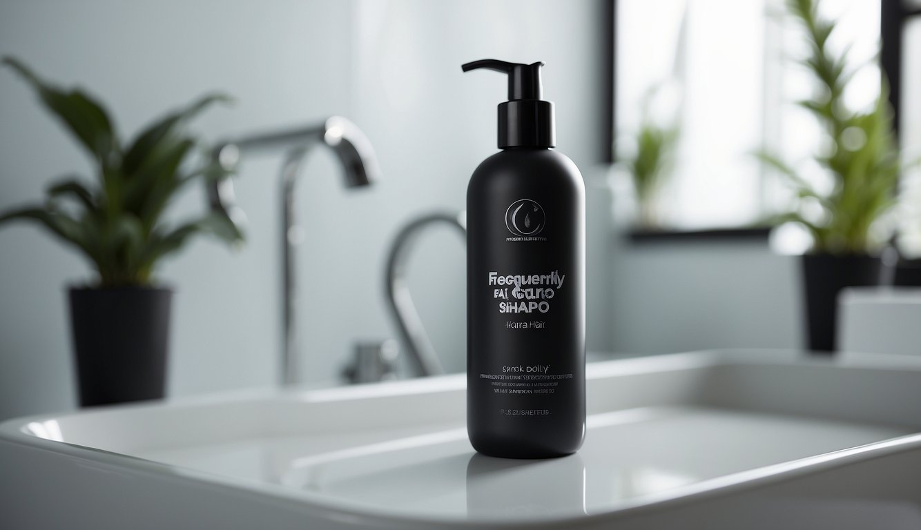 A bottle of "Frequently Asked Questions" shampoo for oily hair sits on a clean, white bathroom shelf. The label is bold and modern, with a sleek, minimalist design