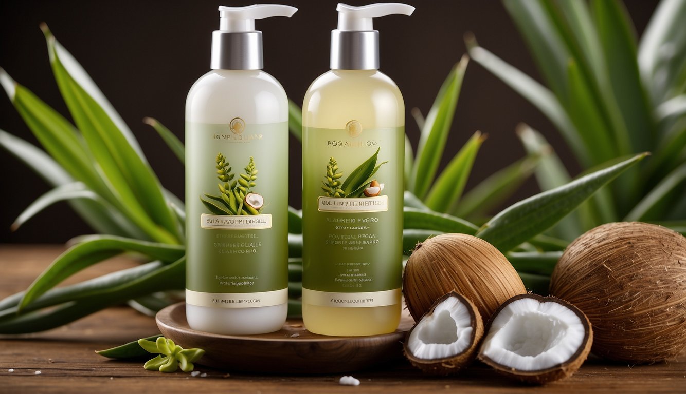 A bottle of Sulfate-Free Shampoo surrounded by natural ingredients like aloe, coconut, and argan oil, with a gentle foam lather