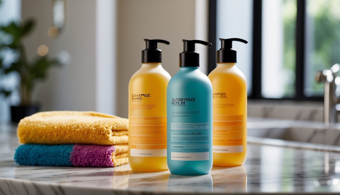 A bottle of sulfate-free shampoo sits on a marble countertop, surrounded by colorful hair dye bottles and a soft towel. A gentle, natural light illuminates the scene