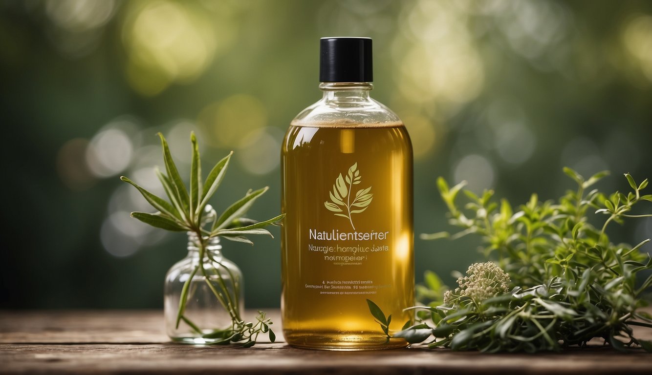 A clear bottle of sulfate-free shampoo with natural ingredients, surrounded by botanicals and herbs, with a label reading "Naturlige Ingredienser i Sulfatfri Sjampo"