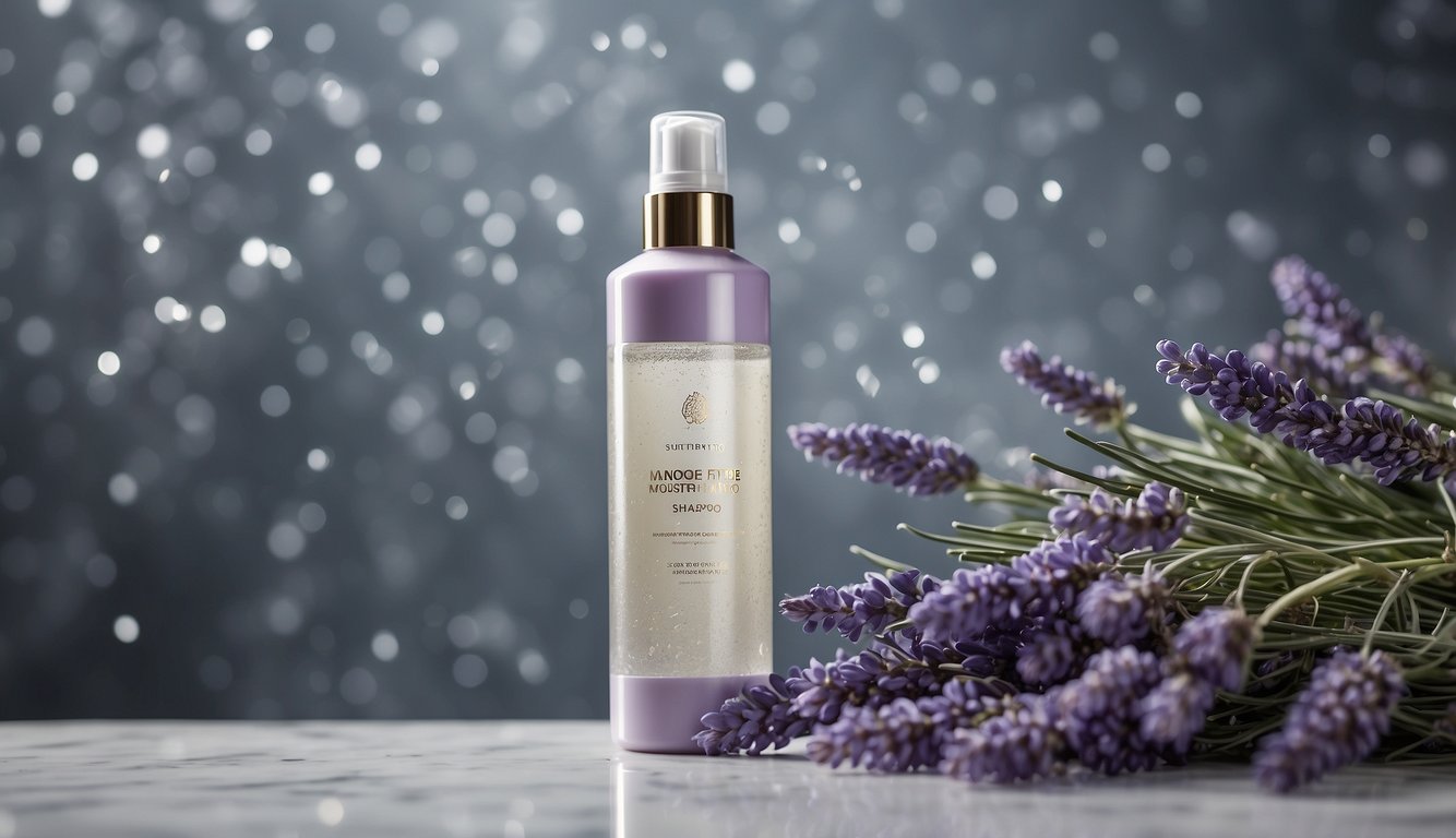 A bottle of sulfate-free moisturizing shampoo for dry hair sits on a marble countertop, surrounded by droplets of water and a sprig of lavender