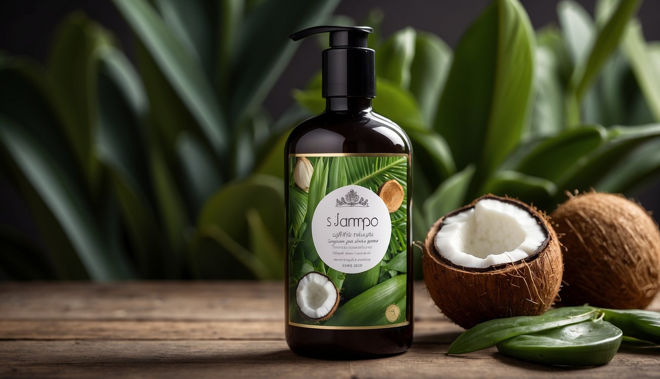 A bottle of Sulfatfri Sjampo for Krøllete Hår shampoo with curly hair on the label, surrounded by natural ingredients like coconut and aloe vera