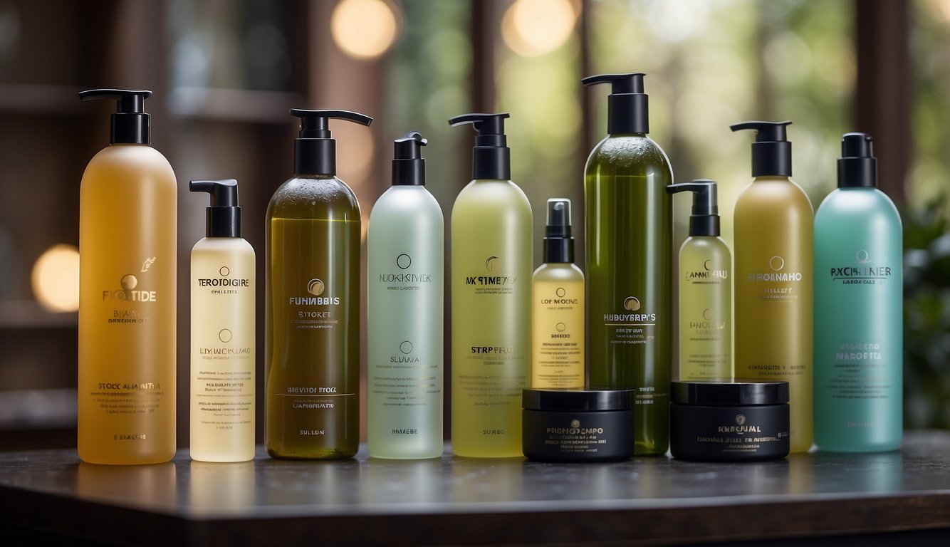 A variety of hair types and textures surrounded by bottles of sulfate-free shampoo