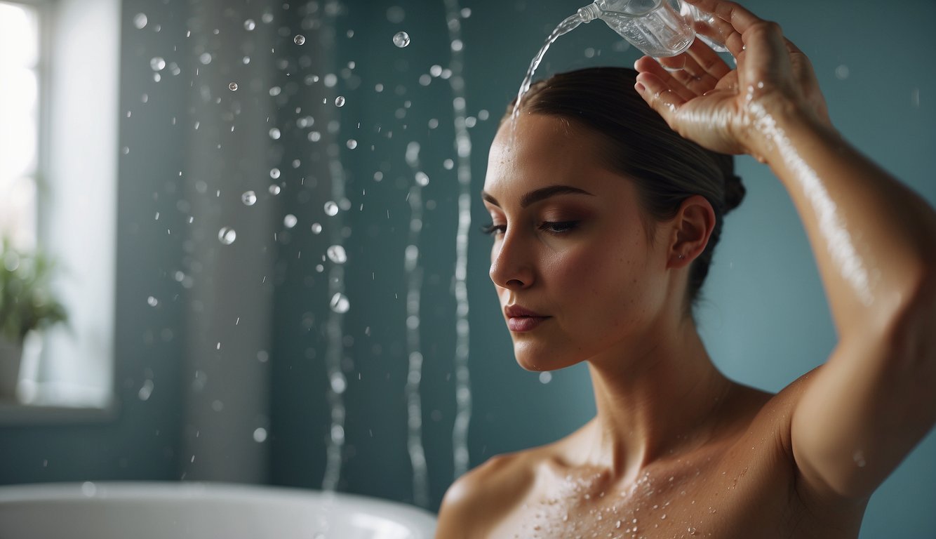 A person is shown pouring sulfate-free shampoo onto their hand, massaging it into their scalp, and then rinsing it out in the shower