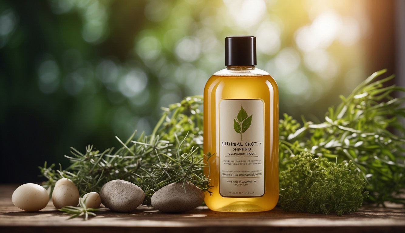 A bottle of sulfate-free shampoo surrounded by botanical ingredients and hair strands, with a focus on promoting hair growth and strength