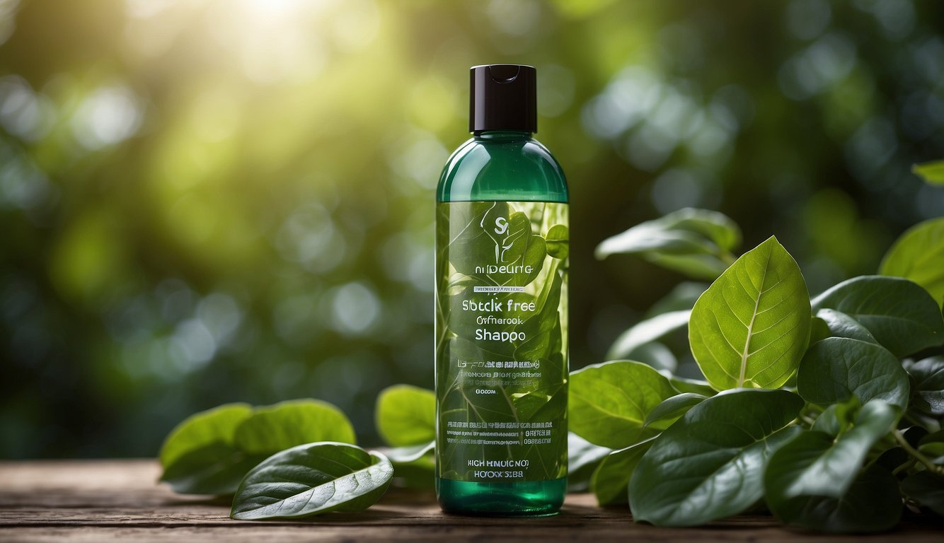 A clear bottle of sulfate-free shampoo surrounded by green leaves and eco-friendly symbols