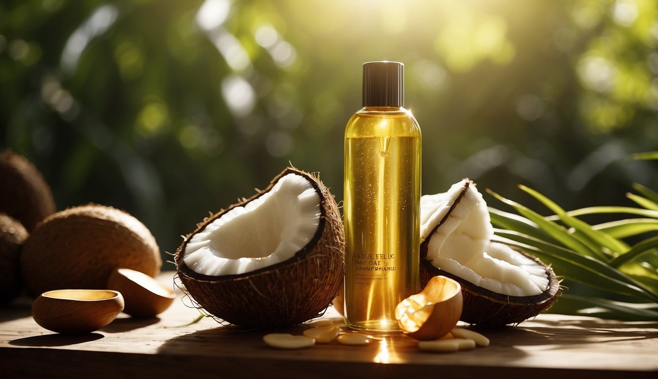 A bottle of sulfate-free shampoo surrounded by natural ingredients like coconut, aloe, and argan oil. Rays of sunlight shining down on the bottle, highlighting its clean and organic appearance