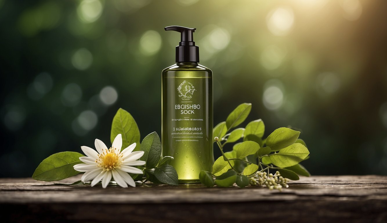 A bottle of sulfate-free shampoo with natural ingredients, surrounded by botanical elements and a clean, minimalist background