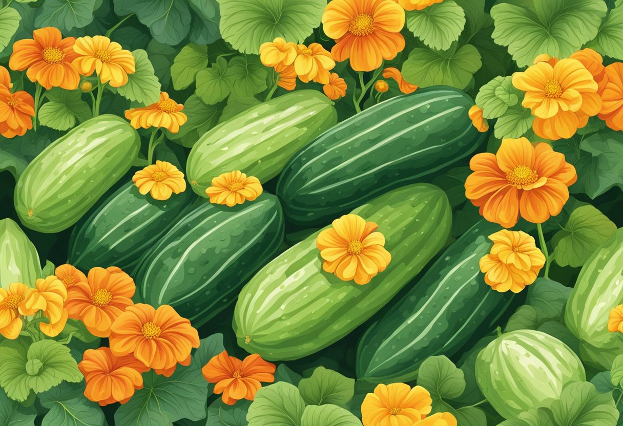 Cucumbers surrounded by marigolds and nasturtiums in a garden bed, with the plants intertwining and supporting each other's growth