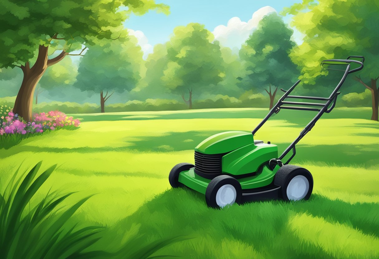 Lush green lawn under a bright summer sun, with a spreader distributing fertilizer evenly across the grass