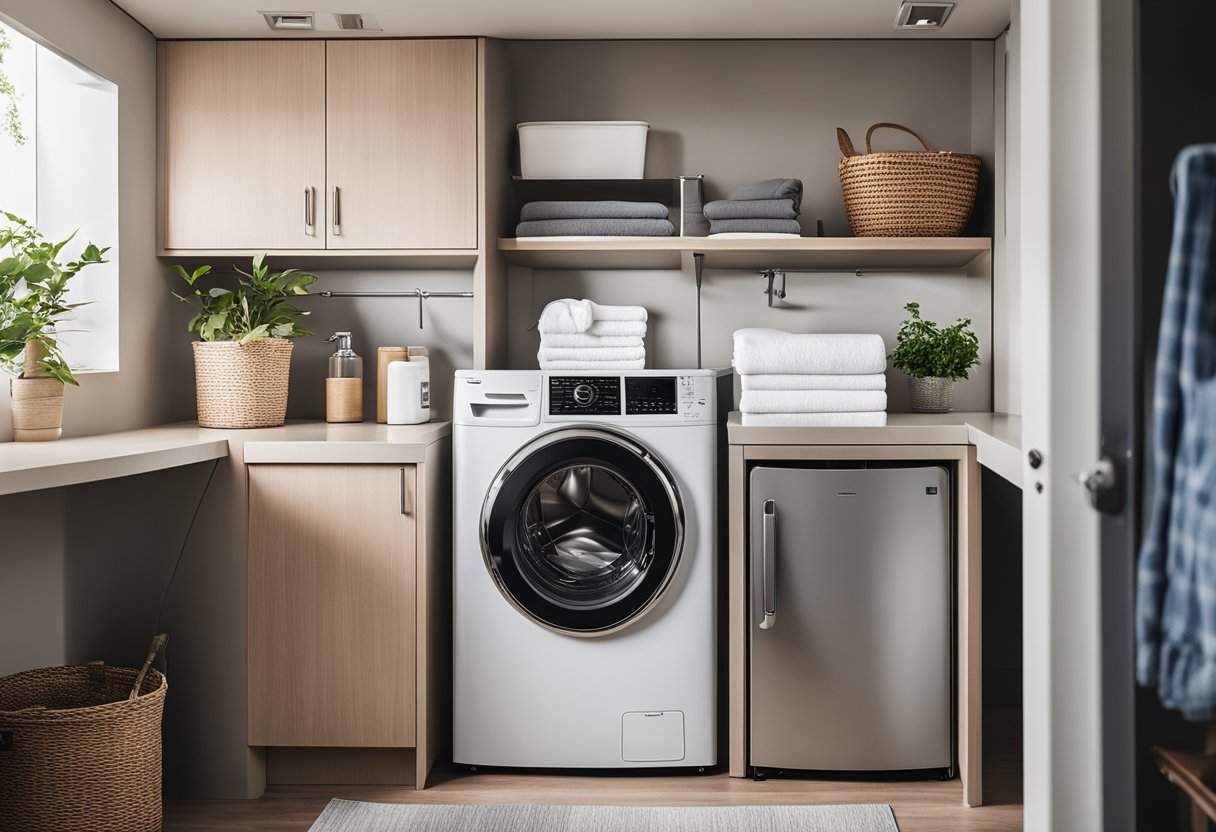 A modern RV washer dryer combo sits in a compact space, surrounded by neatly organized laundry supplies and a stack of folded towels